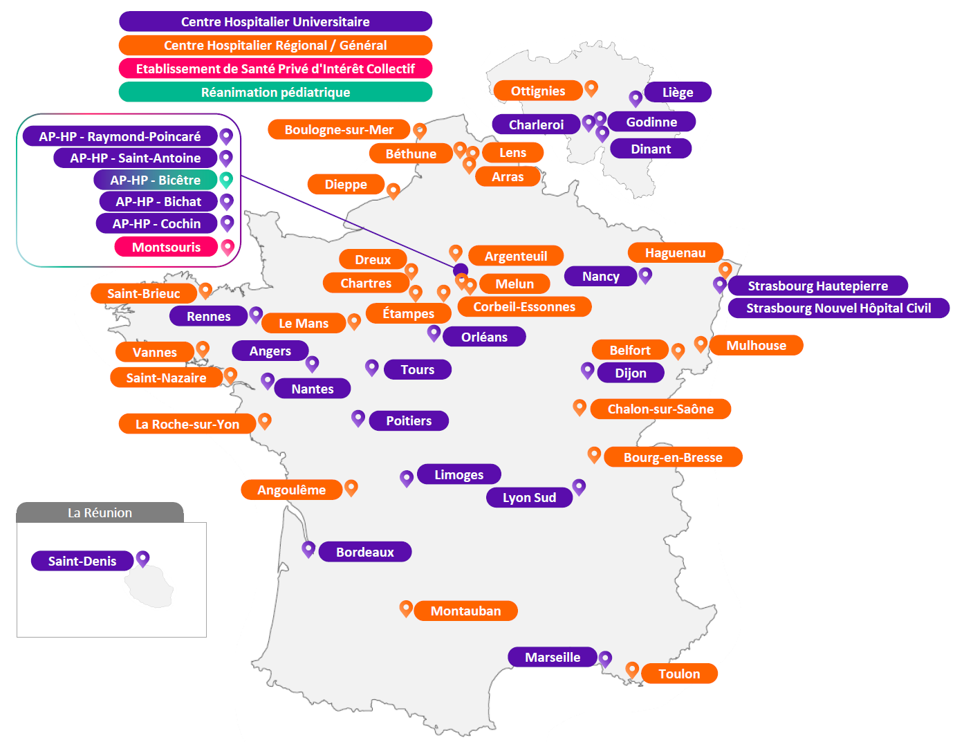 Carte des centres du réseau CRICS-TRIGGERSEP en France et en Belgique