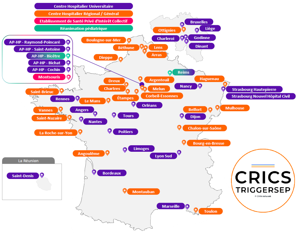 Carte des centres du réseau CRICS-TRIGGERSEP en France et en Belgique